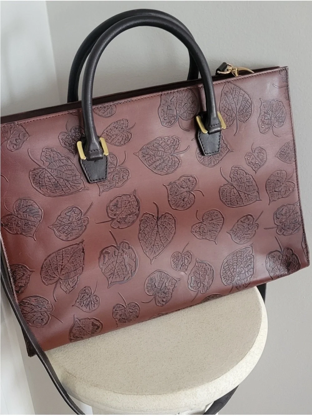 Scully Elegant Brown Leaf-Embossed Leather Tote - Black Handles